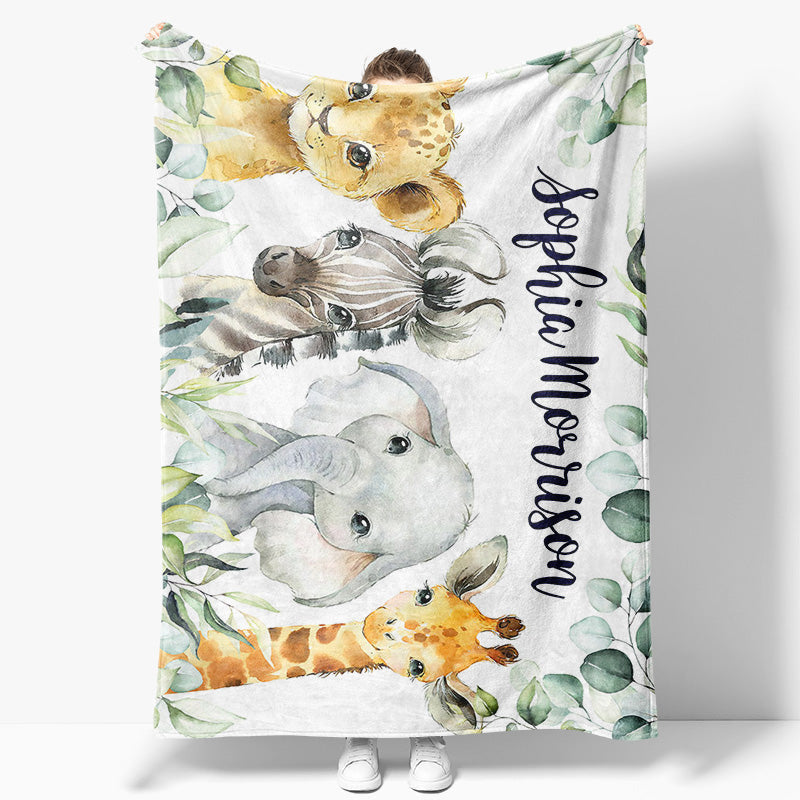 Aperturee - Aperturee Wild Jungle Leaf Safari Animals Custom Name Blanket