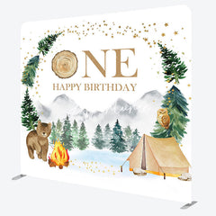 Aperturee - Aperturee Wild Mountain Trees Bear One Happy Birthday Backdrop