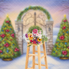 Aperturee - Aperturee Wild Snowy Field Gate Xmas Trees Christmas Backdrop