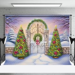 Aperturee - Aperturee Wild Snowy Field Gate Xmas Trees Christmas Backdrop