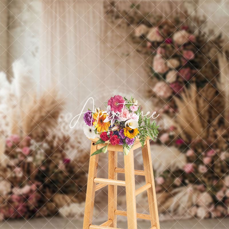 Aperturee - Aperturee Window Curtain Boho Floral Hay Backdrop For Wedding