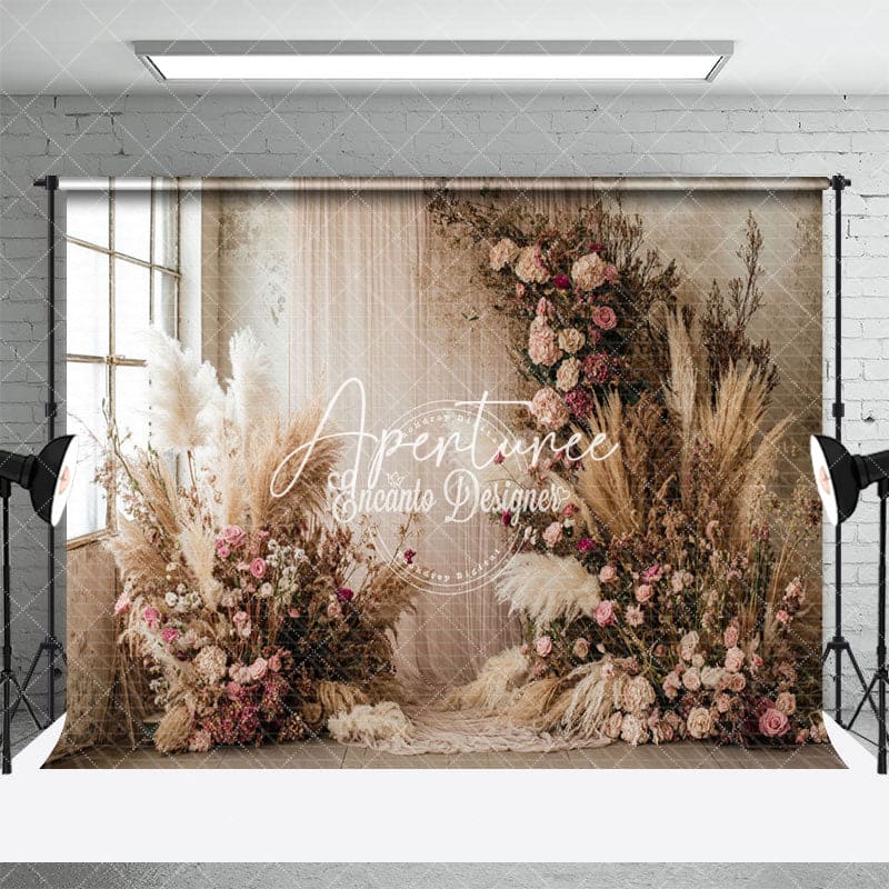 Aperturee - Aperturee Window Curtain Boho Floral Hay Backdrop For Wedding