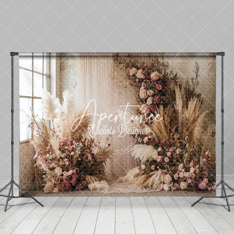 Aperturee - Aperturee Window Curtain Boho Floral Hay Backdrop For Wedding