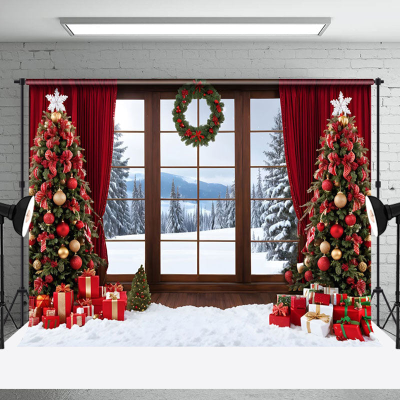 Aperturee - Aperturee Window Outside Snowy Scene Wreath Christmas Backdrop