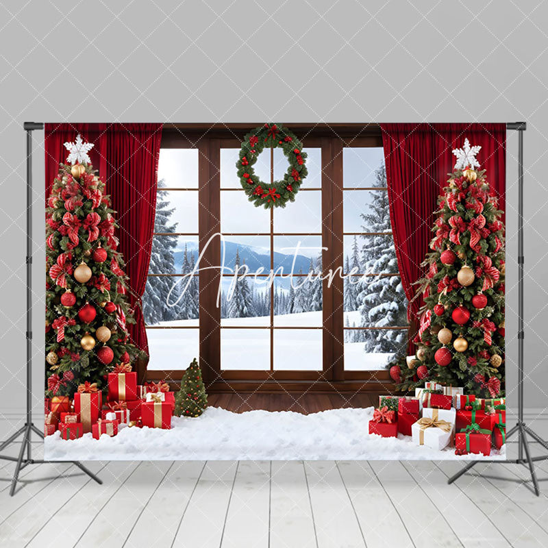 Aperturee - Aperturee Window Outside Snowy Scene Wreath Christmas Backdrop