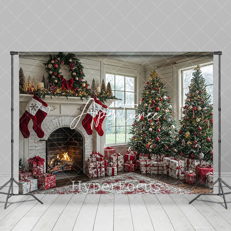 Aperturee - Aperturee Window Retro White Room Fireplace Christmas Backdrop