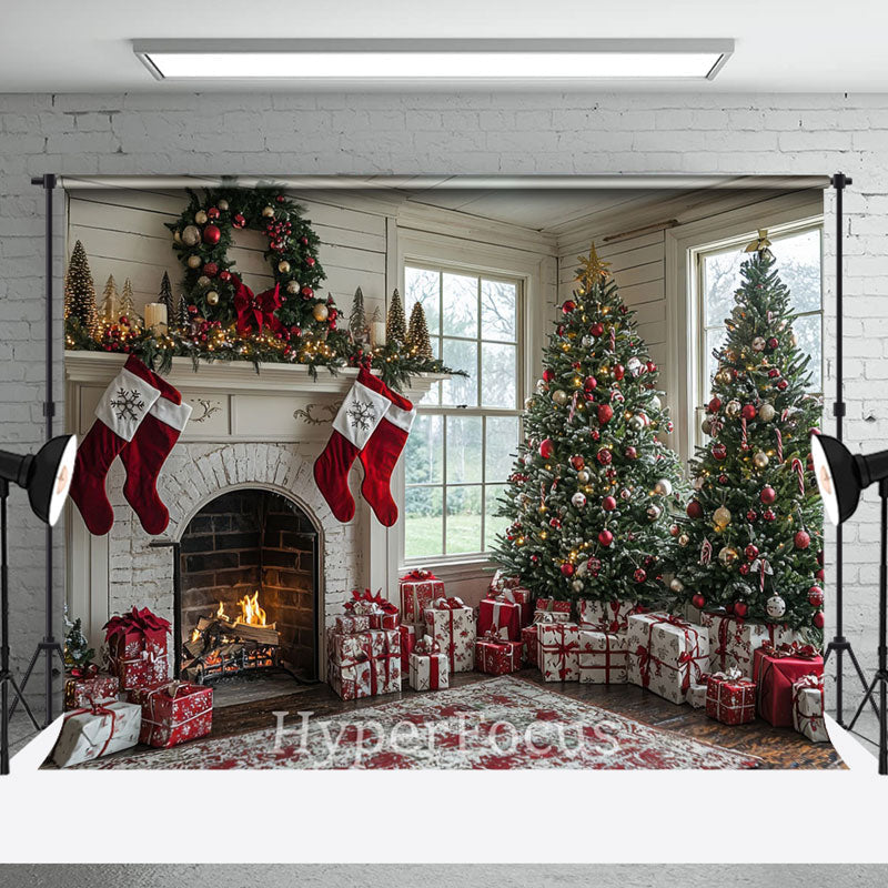 Aperturee - Aperturee Window Retro White Room Fireplace Christmas Backdrop