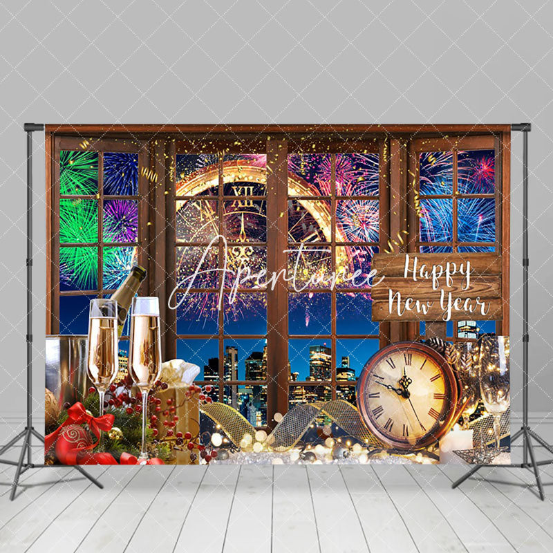 Aperturee - Aperturee Window Scene Gold Happy New Year Party Backdrop