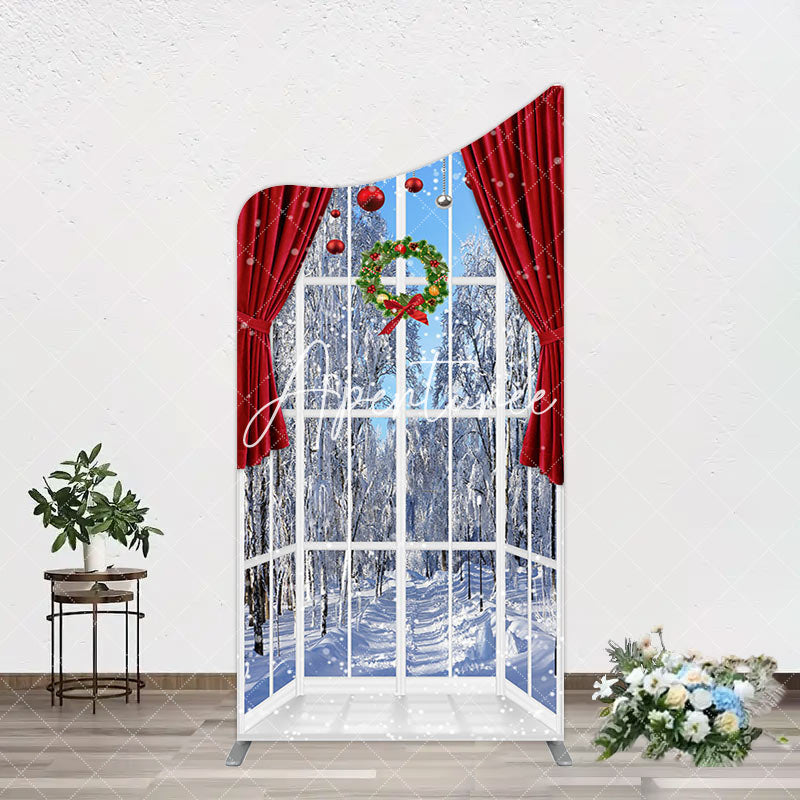 Aperturee - Aperturee Window Snowy Forest Scene Christmas Arch Backdrop