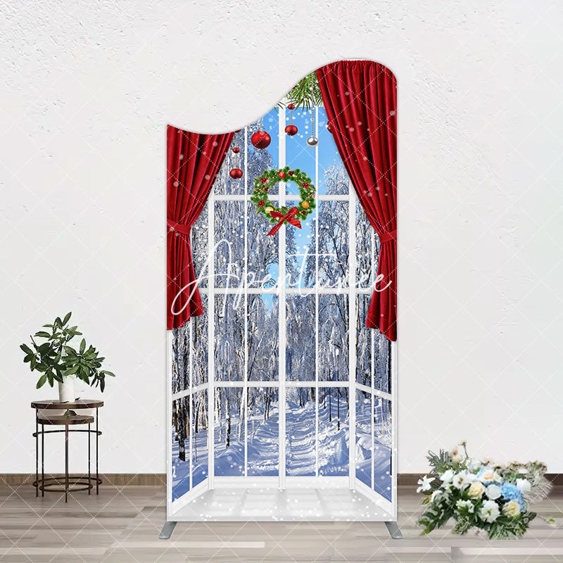 Aperturee - Aperturee Window Snowy Forest Scene Christmas Arch Backdrop