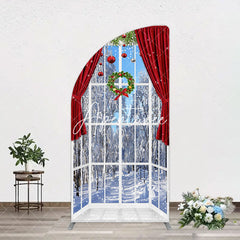 Aperturee - Aperturee Window Snowy Forest Scene Christmas Arch Backdrop