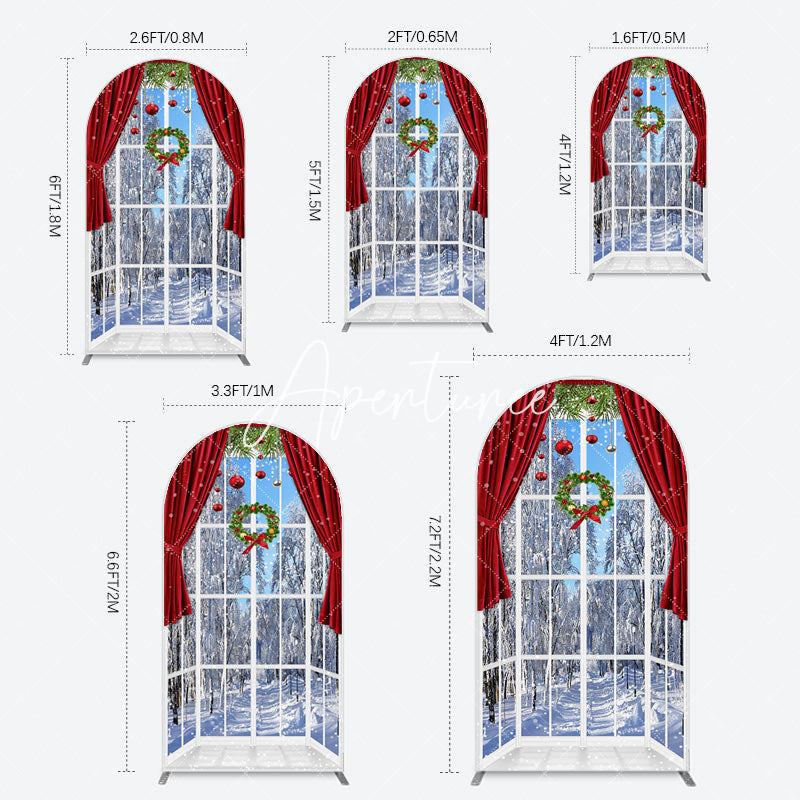 Aperturee - Aperturee Window Snowy Forest Scene Christmas Arch Backdrop