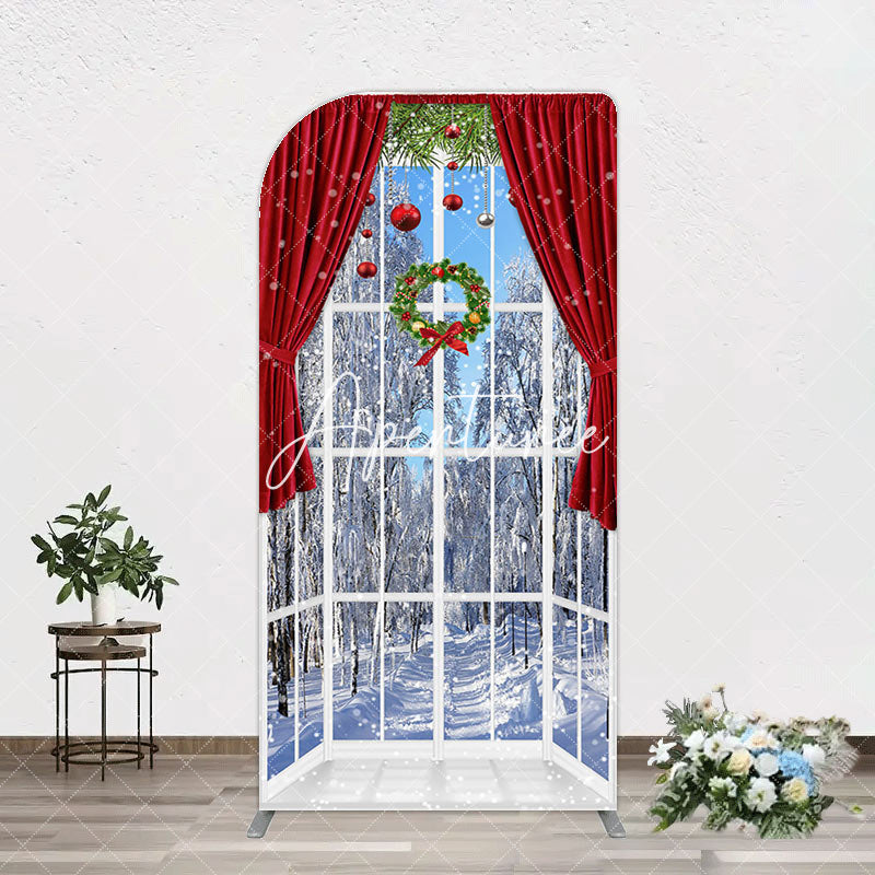 Aperturee - Aperturee Window Snowy Forest Scene Christmas Arch Backdrop