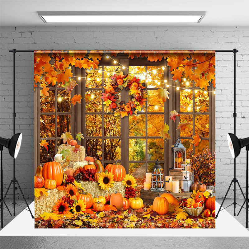 Aperturee - Aperturee Window Wreath Haystack Pumpkin Autumn Backdrop