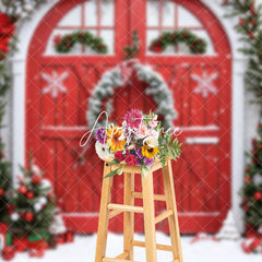 Aperturee - Aperturee Winter Brick Wall Wreath Red Door Christmas Backdrop