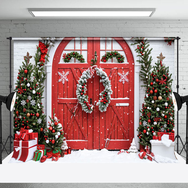 Aperturee - Aperturee Winter Brick Wall Wreath Red Door Christmas Backdrop