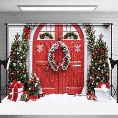 Aperturee - Aperturee Winter Brick Wall Wreath Red Door Christmas Backdrop