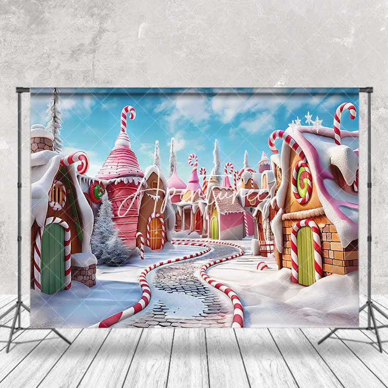 Aperturee - Aperturee Winter Candyland Street Snowy Christmas Backdrop