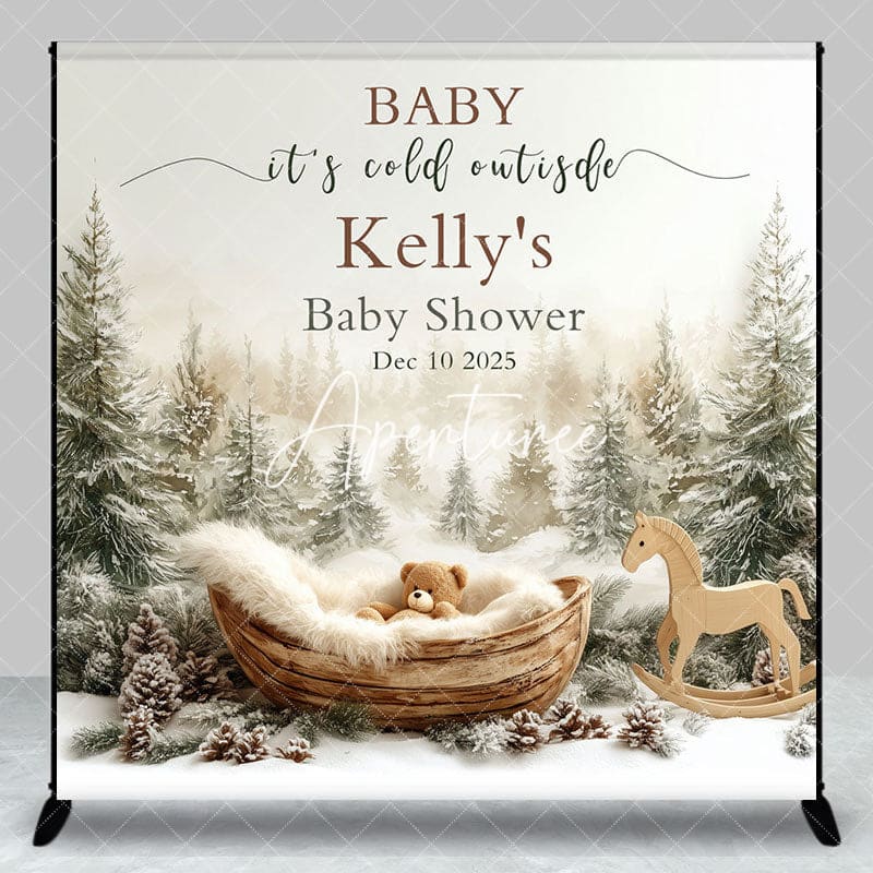 Aperturee - Aperturee Winter Forest Cradle Custom Name Baby Shower Backdrop