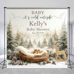 Aperturee - Aperturee Winter Forest Cradle Custom Name Baby Shower Backdrop