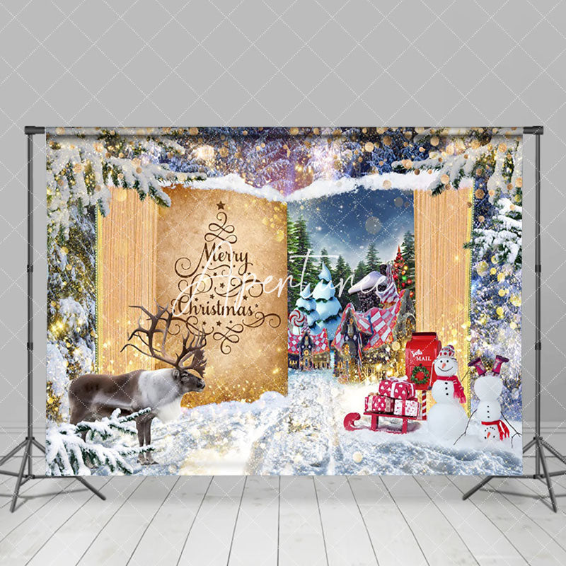 Aperturee - Aperturee Winter Forest Elk Fairy Book Town Christmas Backdrop