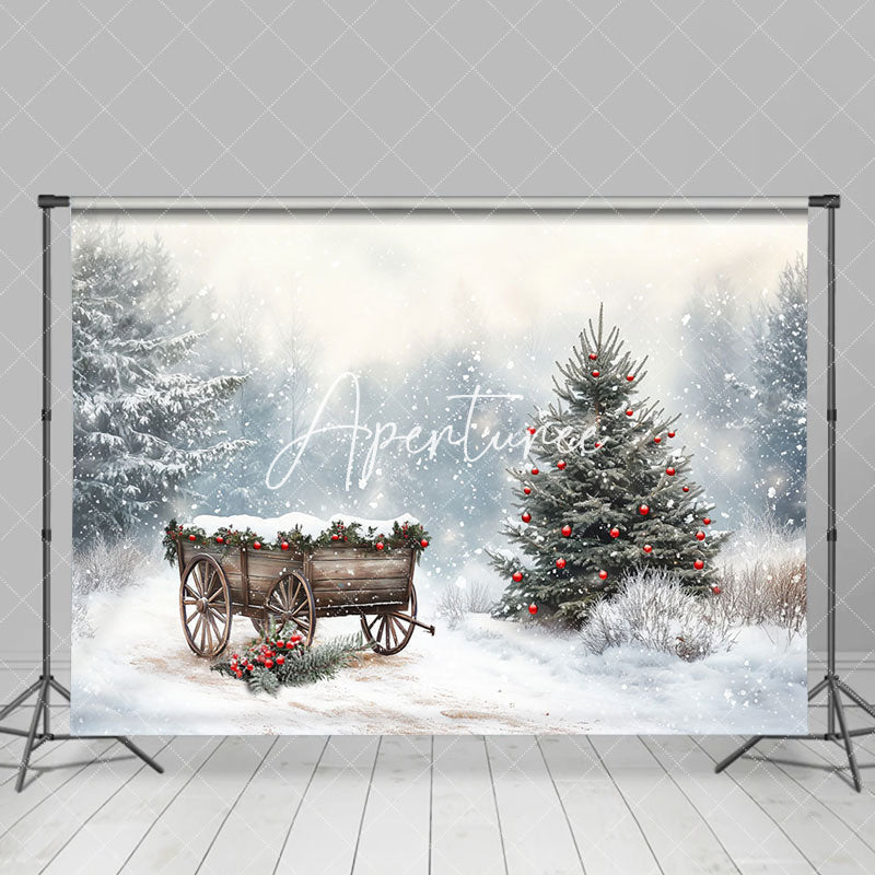 Aperturee - Aperturee Winter Heavy Snowy Wooden Cart Christmas Backdrop