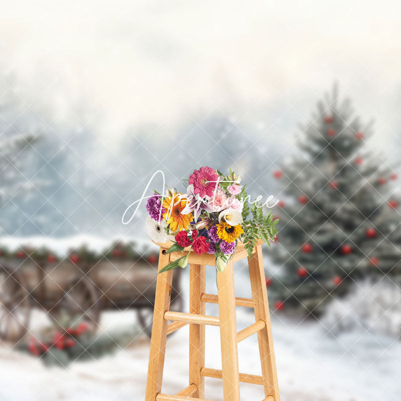 Aperturee - Aperturee Winter Heavy Snowy Wooden Cart Christmas Backdrop