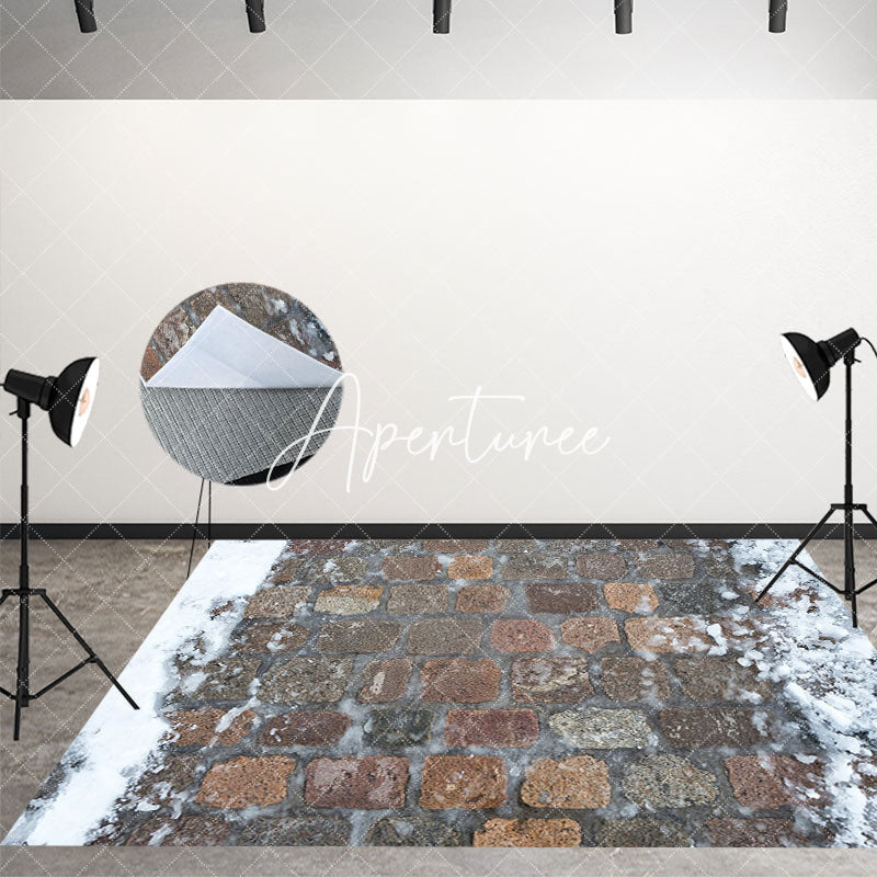 Aperturee - Aperturee Winter Melting Snow Road Brick Fabric Floor Backdrop