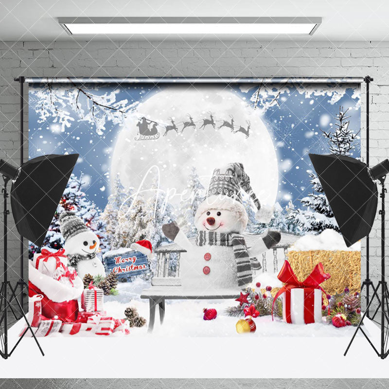 Aperturee - Aperturee Winter Moon Night Santa Snowman Christmas Backdrop