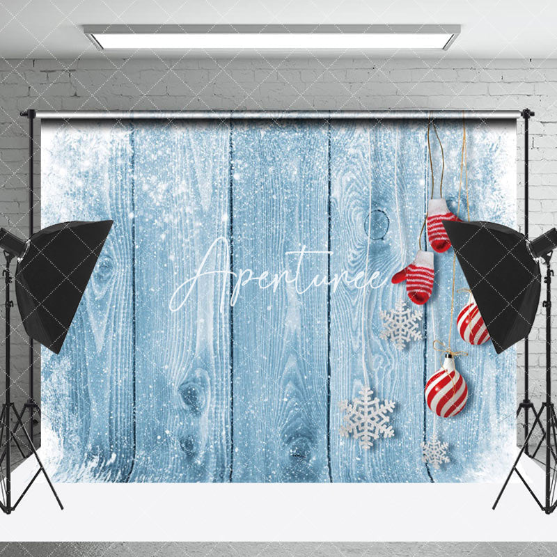 Aperturee - Aperturee Winter Snowflake Blue Wood Gloves Christmas Backdrop