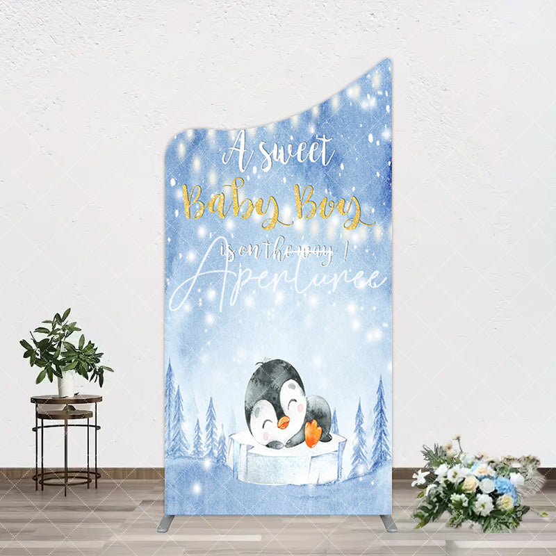 Aperturee - Aperturee Winter Snowy Blue Penguin Baby Shower Arch Backdrop