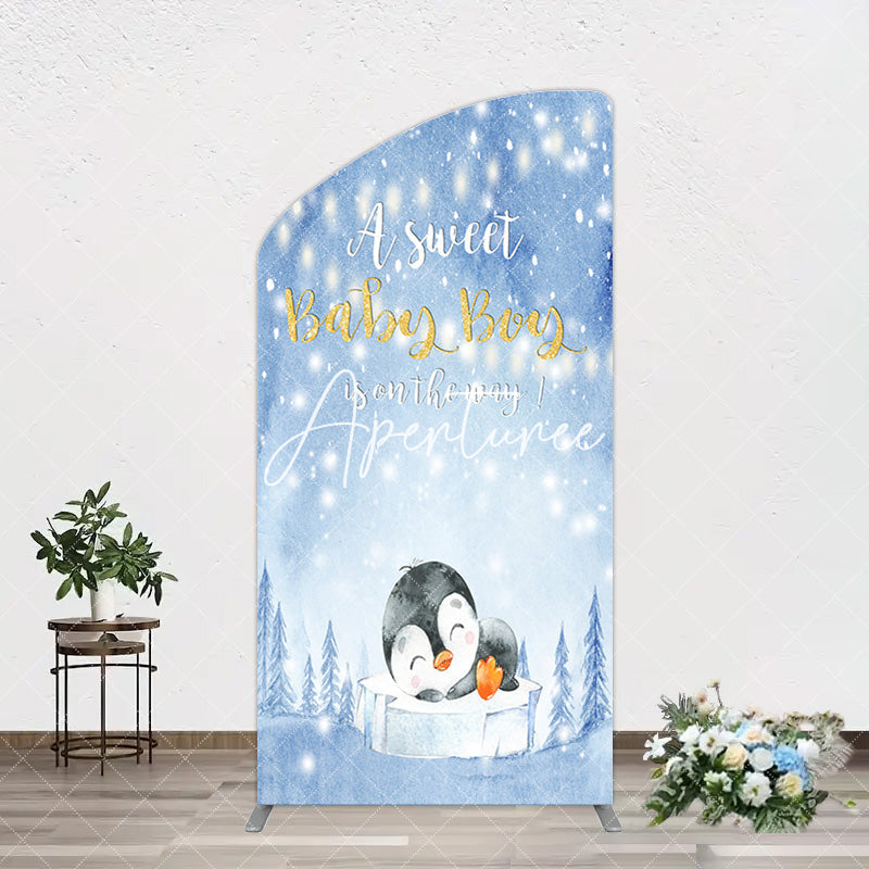 Aperturee - Aperturee Winter Snowy Blue Penguin Baby Shower Arch Backdrop