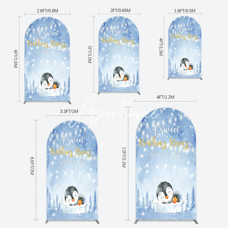 Aperturee - Aperturee Winter Snowy Blue Penguin Baby Shower Arch Backdrop