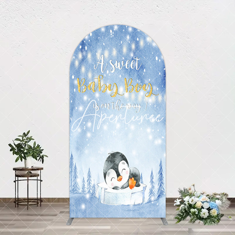 Aperturee - Aperturee Winter Snowy Blue Penguin Baby Shower Arch Backdrop