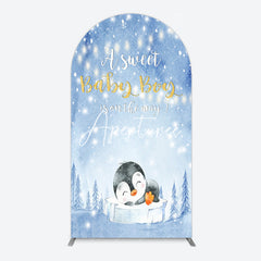 Aperturee - Aperturee Winter Snowy Blue Penguin Baby Shower Arch Backdrop