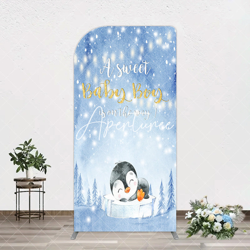 Aperturee - Aperturee Winter Snowy Blue Penguin Baby Shower Arch Backdrop