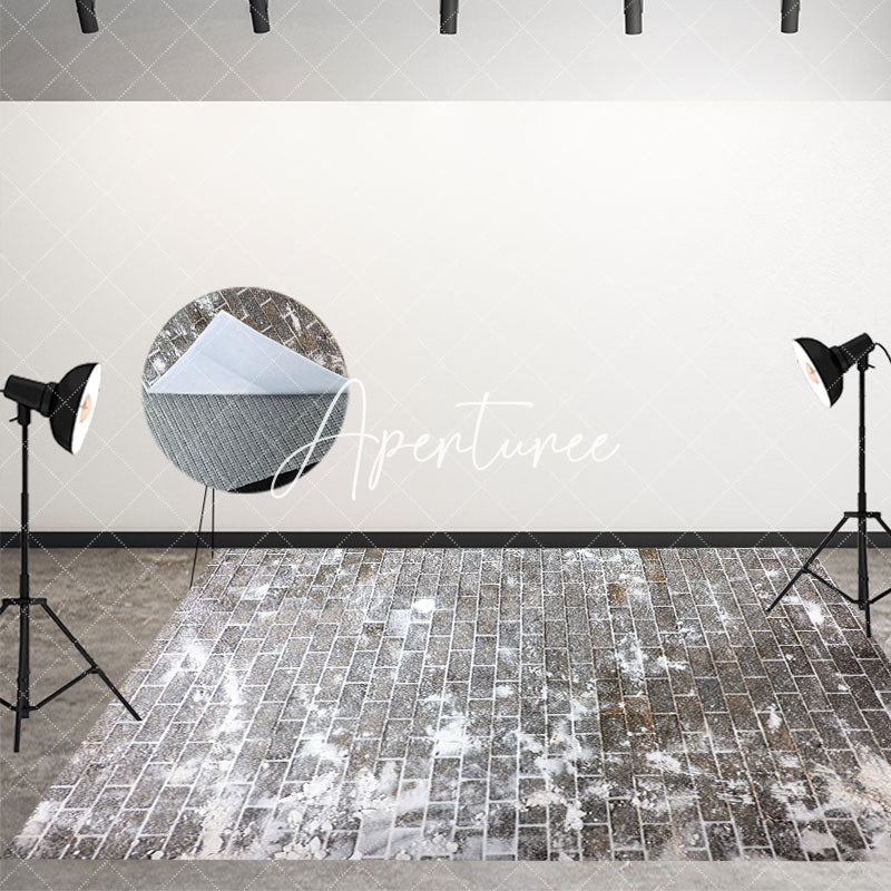 Aperturee - Aperturee Winter Snowy Brick Texture Fabric Floor Backdrop