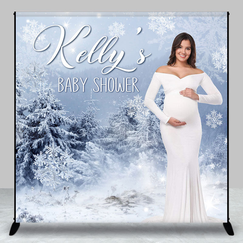 Aperturee - Aperturee Winter Snowy Forest Custom Photo Baby Shower Backdrop