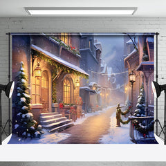 Aperturee - Aperturee Winter Snowy Lane Decorated Houses Festive Backdrop