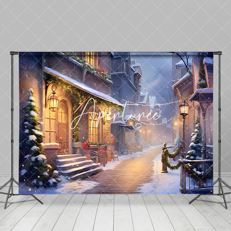 Aperturee - Aperturee Winter Snowy Lane Decorated Houses Festive Backdrop