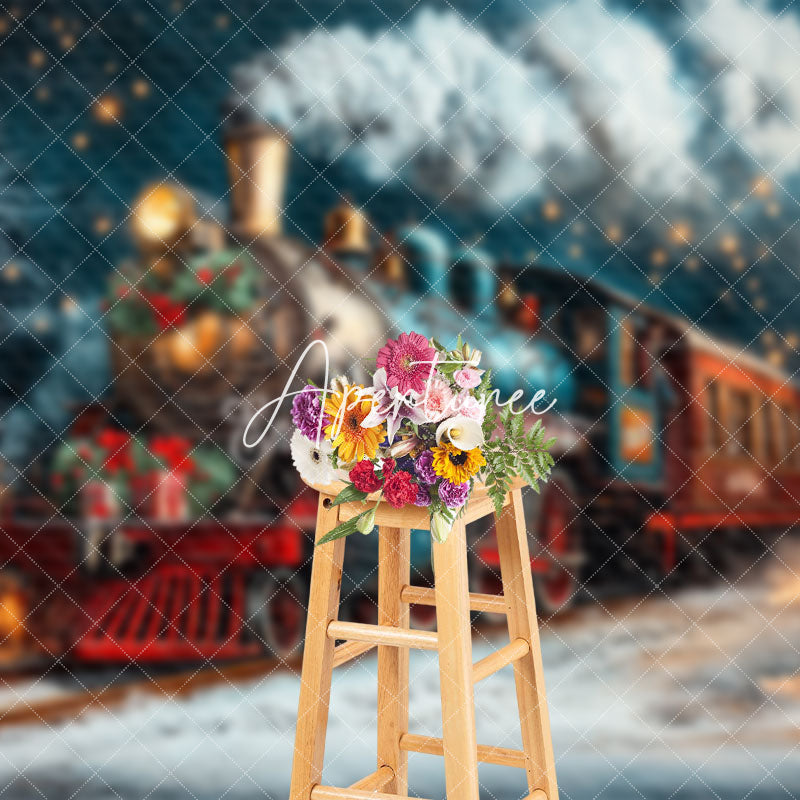 Aperturee - Aperturee Winter Snowy Night Retro Train Christmas Backdrop