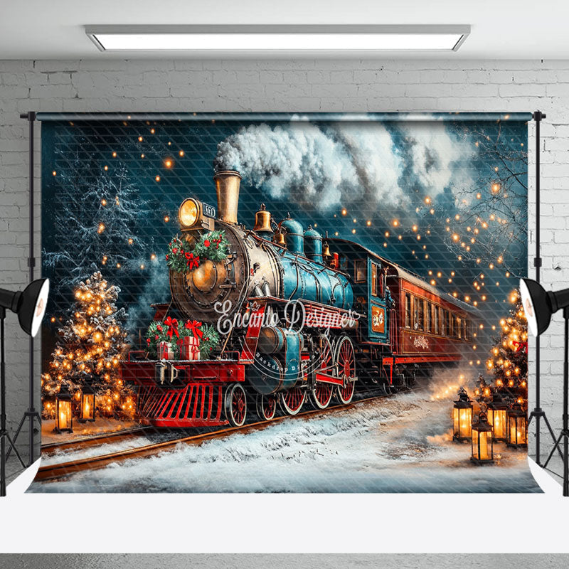 Aperturee - Aperturee Winter Snowy Night Retro Train Christmas Backdrop