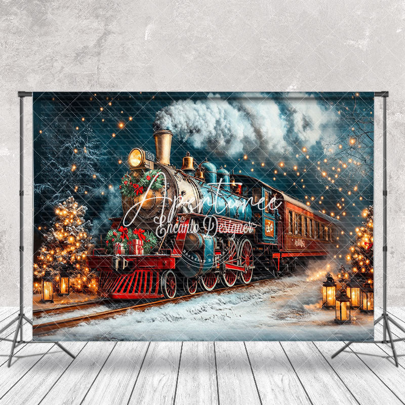 Aperturee - Aperturee Winter Snowy Night Retro Train Christmas Backdrop