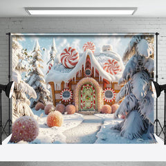 Aperturee - Aperturee Winter Snowy Pine Forest Gingerbread House Backdrop