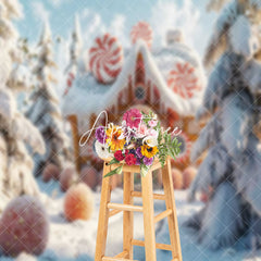 Aperturee - Aperturee Winter Snowy Pine Forest Gingerbread House Backdrop