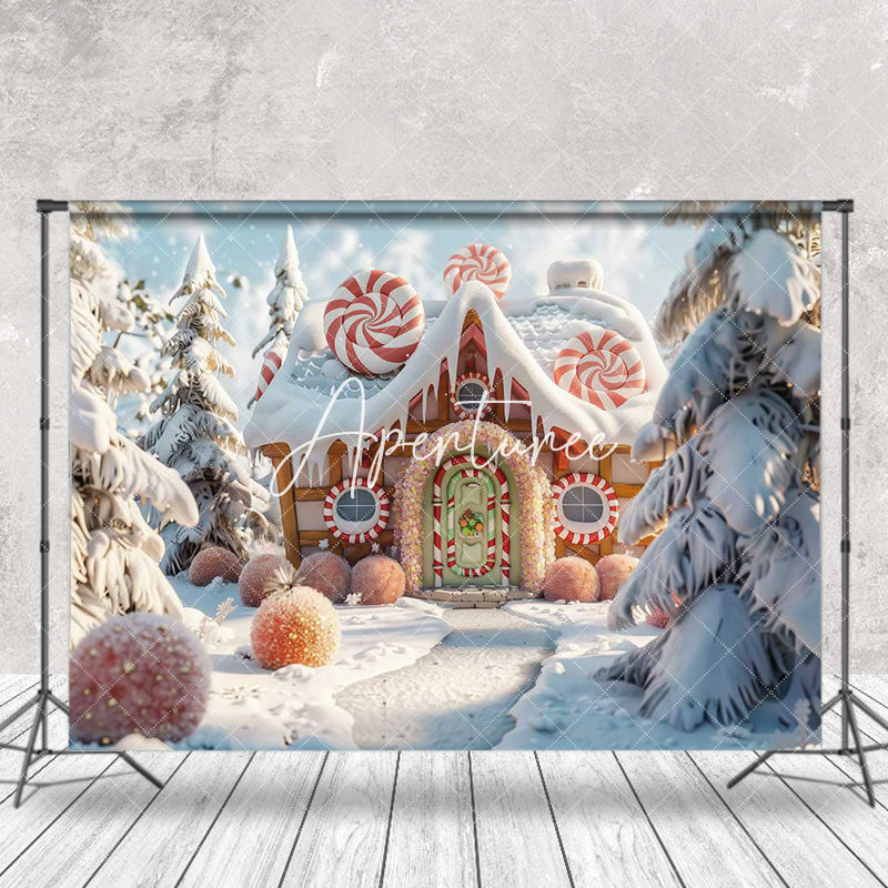 Aperturee - Aperturee Winter Snowy Pine Forest Gingerbread House Backdrop