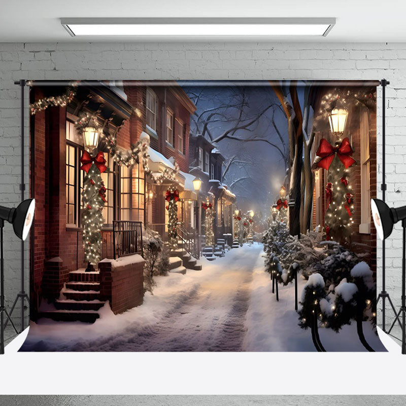 Aperturee - Aperturee Winter Snowy Street Festive Lights Cozy Backdrop