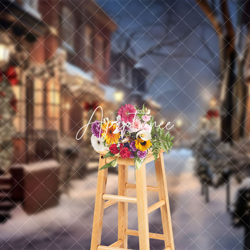 Aperturee - Aperturee Winter Snowy Street Festive Lights Cozy Backdrop