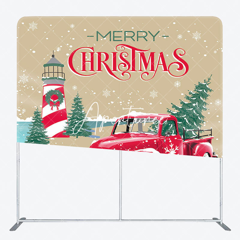 Aperturee - Aperturee Winter Snowy Trees Red Car Merry Christmas Backdrop