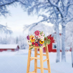 Aperturee - Aperturee Winter Snowy Wild Field Red House Scene Backdrop